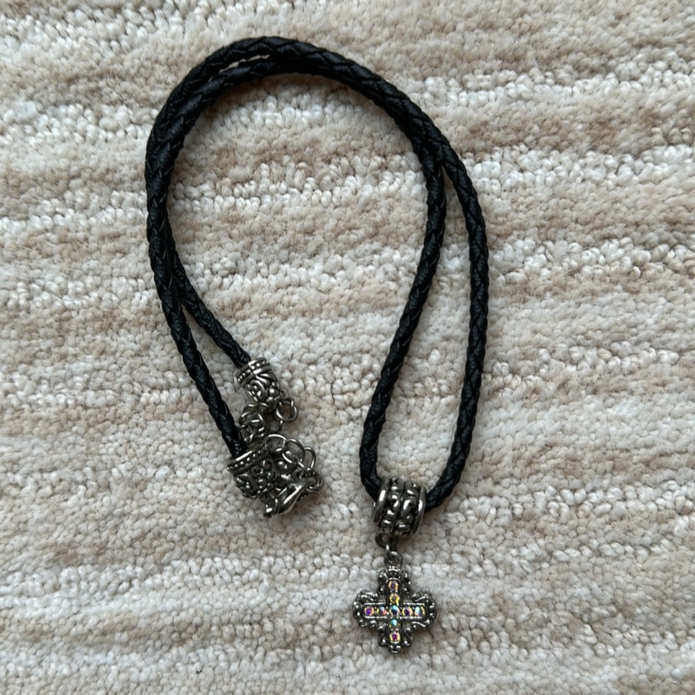 Brighton Silver Reversible Maltese Style Cross Pendant Necklace Braided Leather